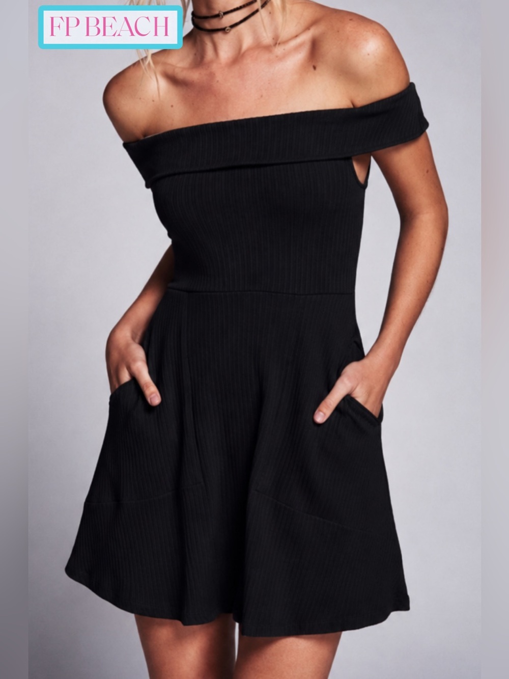 Free People Beach Corrine Off The Shoulder Ribbed Mini Dress sz M Black
